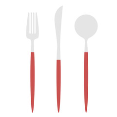 Modern Cutlery Set Illustration Silver Red– Fork, Spoon, and Knife