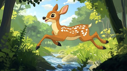 Naklejka premium A spotted deer leaps across a tranquil forest stream.