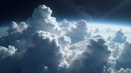 Majestic Cloud Towers from Space Above Earth's Horizon
