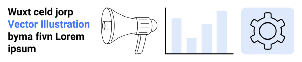 Megaphone, bar graph, and gear for promotion and analytics. Ideal for marketing, data analysis, strategy, customization, advertising, communication simple landing page