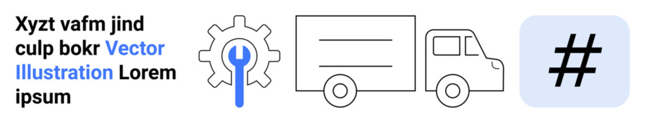 Gear with wrench, truck, and metadata tag symbol imply maintenance, delivery, and digital trends. Ideal for technology, logistics, repair services, e-commerce innovation operations simple landing