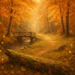 Romantic Autumn Forest with Wooden Bridge and Mossy Log – Cinematic Portrait Background