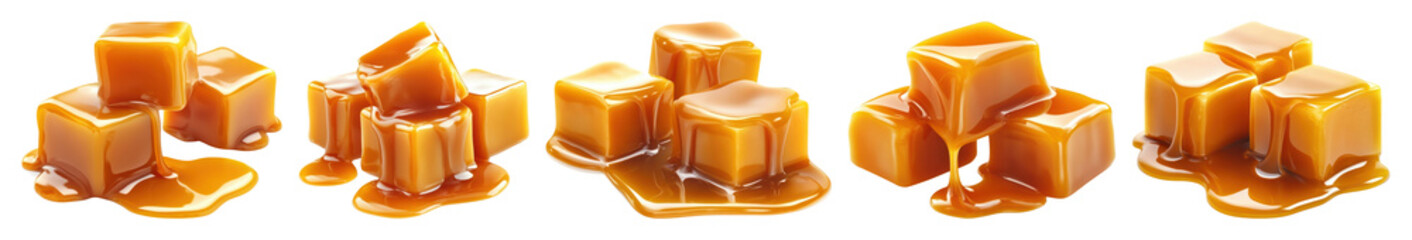 PNG Sweet caramel cubes dripping transparent background.