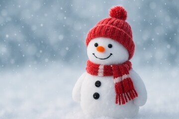 Obraz premium Little Snowman in the Blurred Snow Background Creating a Charming Winter Banner