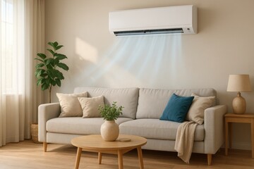 Living Room Interior with a Working Air Conditioner, Providing Comfort in a Home During Hot Summer Weather