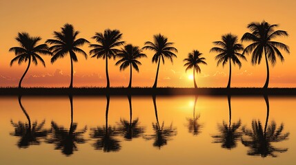Obraz premium Silhouettes of palm trees at sunset reflected in calm water.