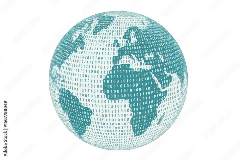 Poster digital globe spinning, binary data streams symbolizing worldwide network connectivity, transparent 