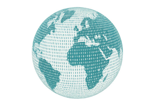 Digital globe spinning, binary data streams symbolizing worldwide network connectivity, transparent backdrop