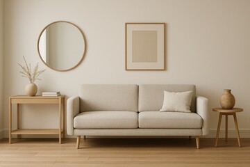 Minimalist living room interior with wooden floor and decor on a large wall, modern design