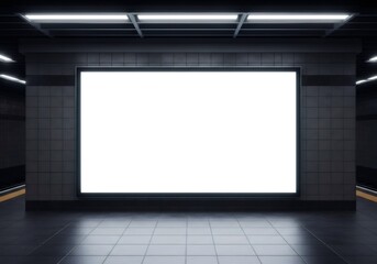 Blank illuminated advertising billboard mockup in a dark underground subway station corridor.