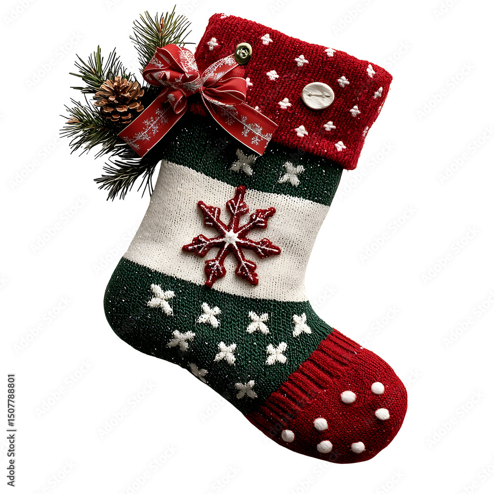 Poster a photograph of a beautiful hand knitted christmas adorned with a classic red and green snowflake pa