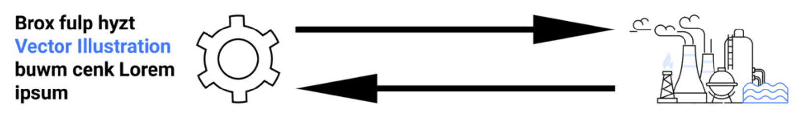 Gearwheel symbolizes production arrows indicate flow direction to and from an industrial factory structure. Ideal for manufacturing, engineering, logistics, energy, automation, supply chain, simple