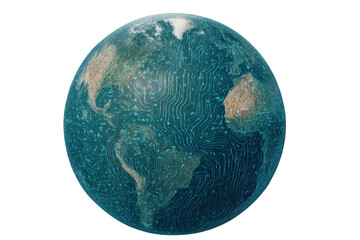 Global digital planet rotating, revealing interconnected continents against transparent backdrop, representing technological networking and worldwide communication trends
