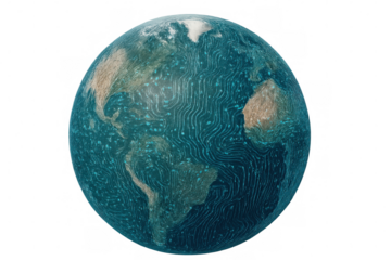 Global digital planet rotating, revealing interconnected continents against transparent backdrop, representing technological networking and worldwide communication trends