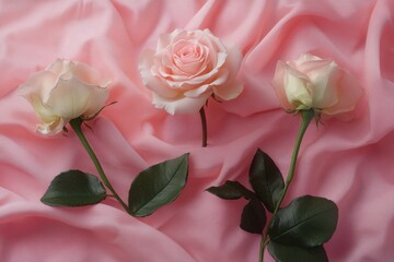 Three pink roses on a draped pink silk fabric background