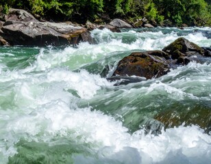 Splashes of Water Flowing Over Rocks in a Bright Green River Scene