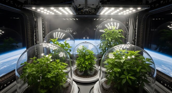 Plants flourish inside a spacecraft, cultivating life in space with earth in the backdrop.
