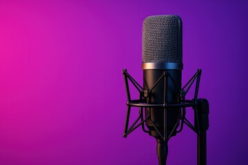 Professional Microphone Against a Pink and Purple Gradient Background, Ideal for Podcast and Recording Studio Banners with Copy Space