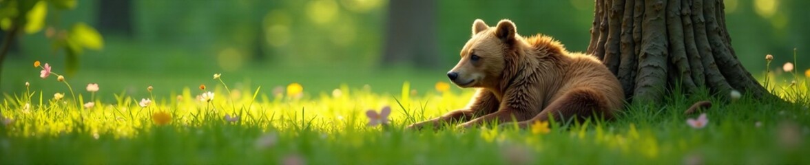 Obraz premium She-bear and cub resting in the shade of a tree , tree, wildlife, Ursus arctos