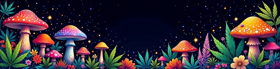 Fototapeta premium Psychedelic cubensis mushrooms and cannabis on black background, psychedelic patterns, entheogenic plant, abstract fungi, spiritual experience