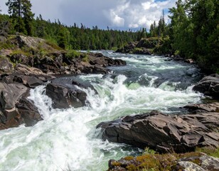 Obraz premium Majestic Flowing River Over Rocks in Lush Green Wilderness Landscape
