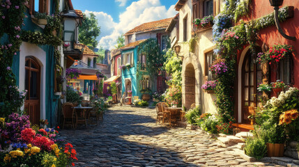 Charming cobblestone street adorned with vibrant flowers