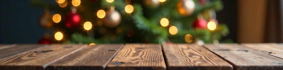Naklejka premium Wooden table with blurred Christmas tree background and twinkling lights, wooden furniture, festive ambiance, holiday decor