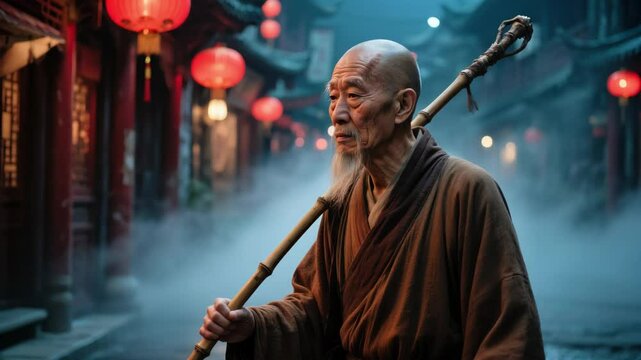 Anciano maestro  Shaolin paseando por un barrio chino