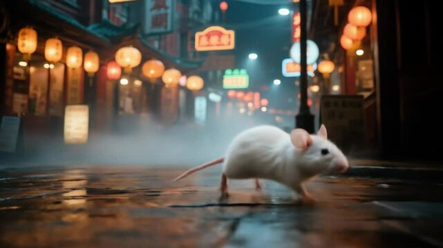 Raton blanco caminando por barrio chino
