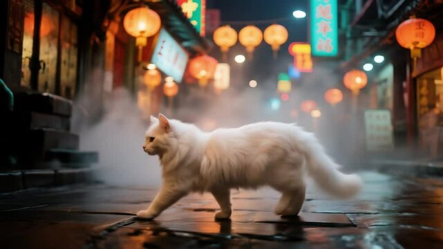 Gato angora caminando por barrio chino