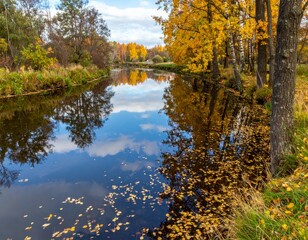 Tranquil Autumn Reflection on Calm River Surrounded by Trees