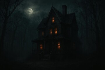 Spooky haunted house in the woods, eerie and atmospheric horror scene