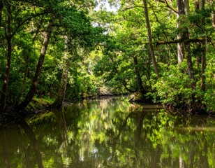 Serene River Scene Surrounded by Lush Green Forest Landscape