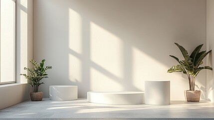 Neutral windowsill display with pedestals