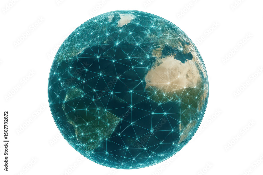 Poster global network connections spanning rotating planet earth, representing interconnected digital commu
