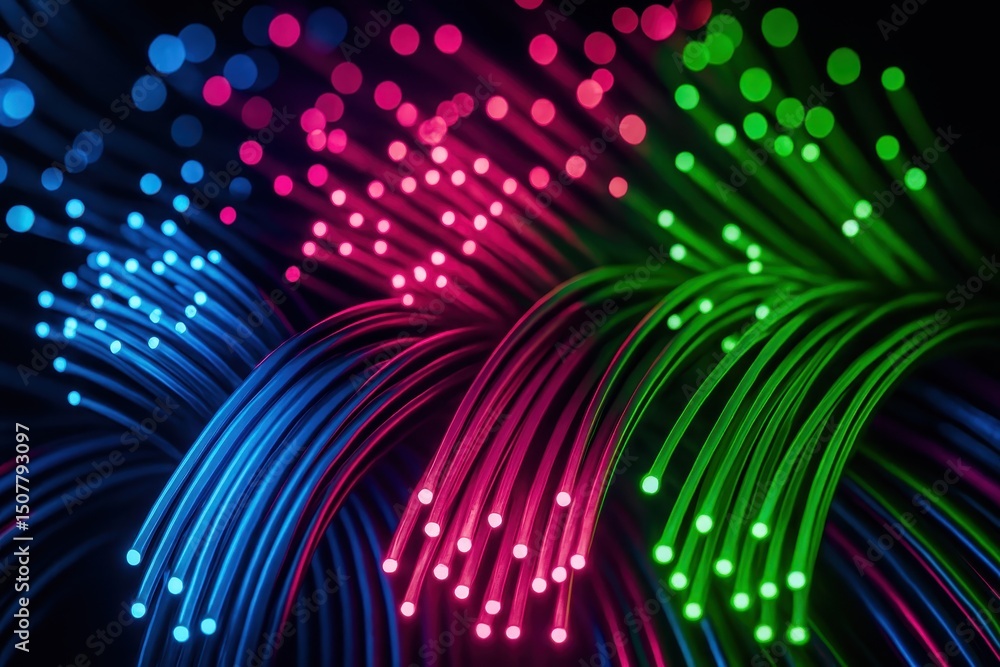 Poster vibrant technology background with colorful fiber optic cable bundles and led lighting creating dyna