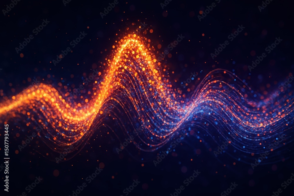 Poster wave of bright particles, visualizing sound and music through dynamic light and movement