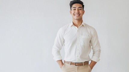 Portrait of a smiling Filipino young man wearing a white shirt and beige pants, posing with hands in pockets against a light background. Concept of youth, confidence, and positivity.