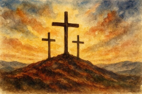 Watercolor illustration of crosses on Mount Calvary, depicting Good Friday and religious theme