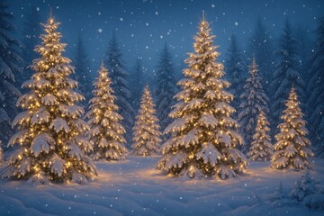Obraz premium Winter Magic Scene with Snow-Covered Trees Adorned with Twinkling Lights for Holiday Imagery