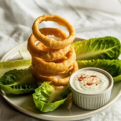 Crispy Onion Rings with Dip on Rustic Plate