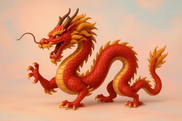 Obraz premium 3D rendered Chinese and Japanese style red dragons with pastel background, for festivals and design