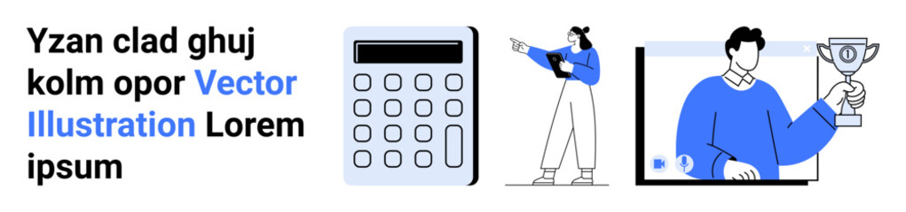 Calculator, person presenting with tablet, and man holding trophy in award setting. Ideal for teamwork, data analysis, leadership, motivation, professional goals, achievements simple landing page