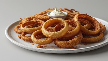 Crispy Onion Rings with Dip on Rustic Plate