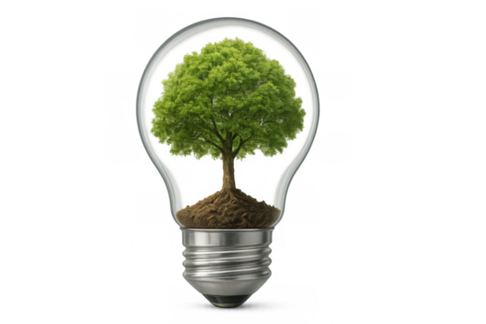 Lush tree growing inside a light bulb promoting green energy and environmental conservation, with transparent background for easy integration