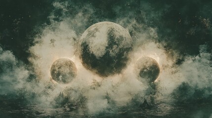 Three moons shrouded in mystical fog
