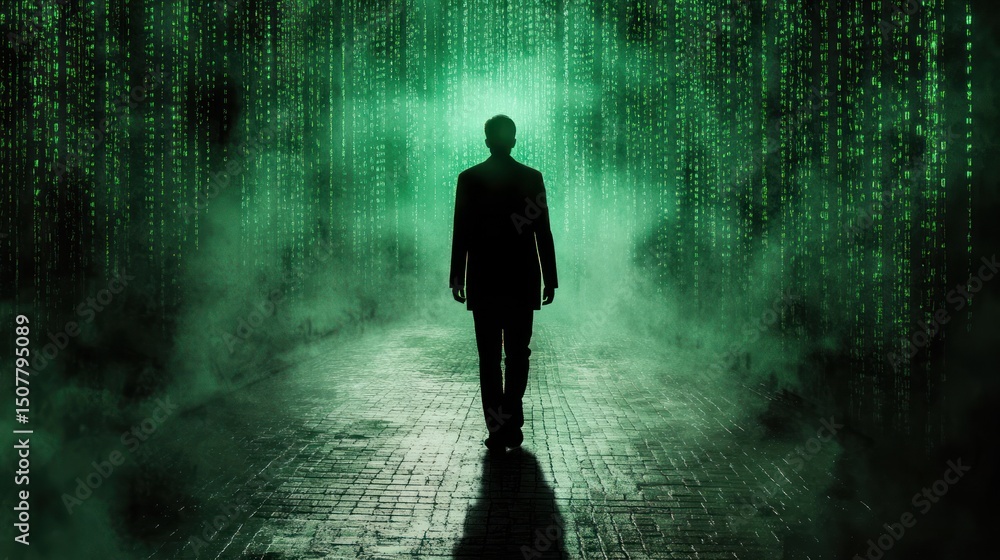 Poster man walks through digital green code tunnel