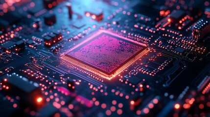 Obraz premium Close-up view of a circuit board with a central processor.