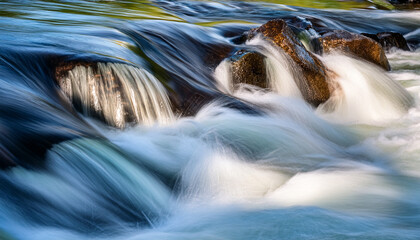 close up from flowing water in long exposure shot river rapids