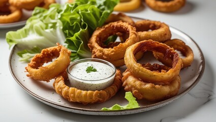 Crispy Onion Rings with Dip on Rustic Plate